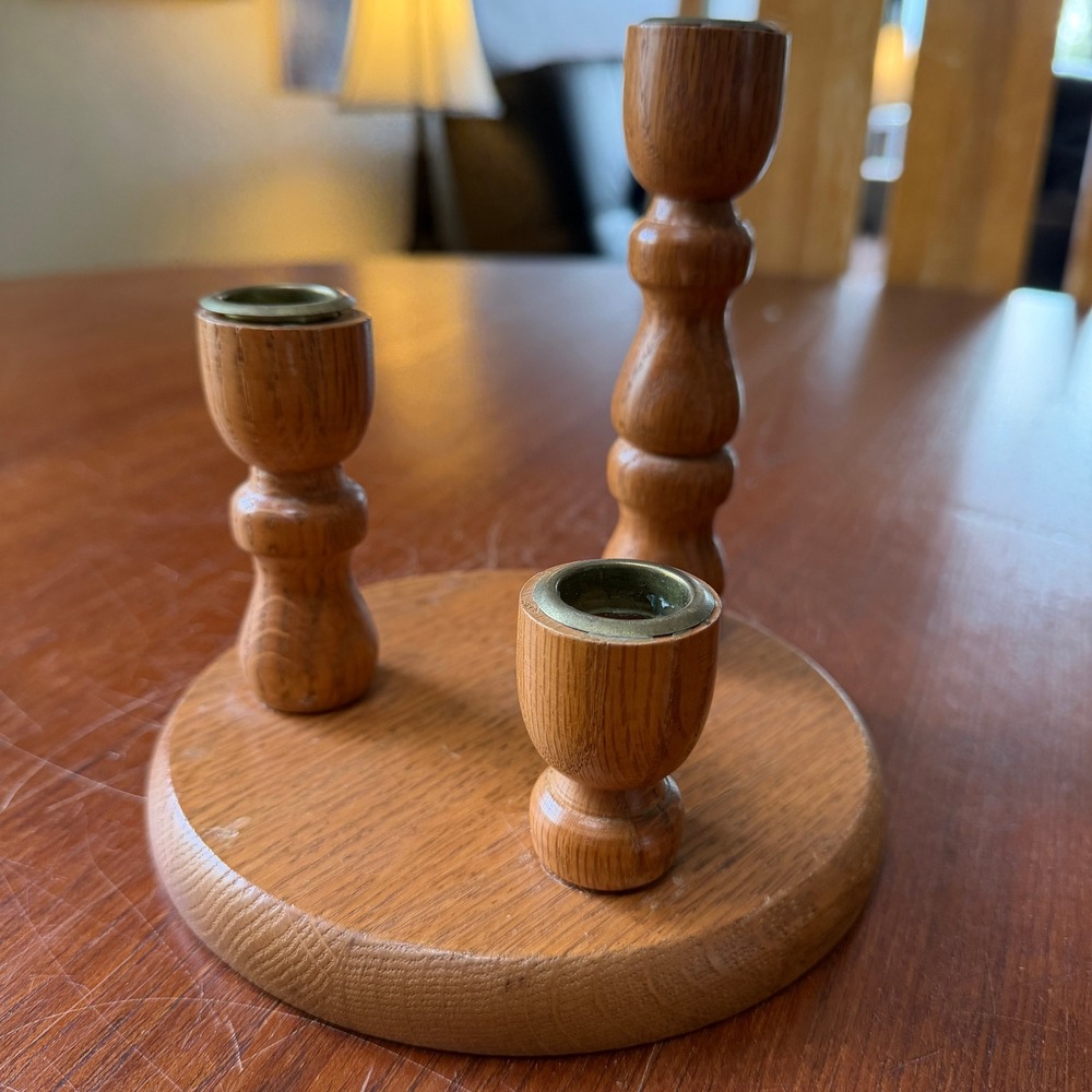 NativeWood Ozark Harvest Oak Triple Taper Candle Holder Candelabra Brass Cups